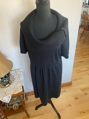 Denver Hayes Black Cowl Neck Sweater Dress with Button Accent
